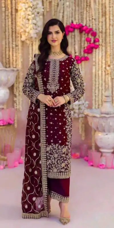 SRK 5238 Maroon Faux Georgette With 5mm Embroidery Sequence Work with Beads Work Wedding, Party, Festive, Events, 4-6 Working Days At 2399 | Jump Suits, Salwar suit, Casual Suits, Creative suits, Designer Suits, Palazzo Suits, Party Wear Suits, Patiala Suits, Straight Suits