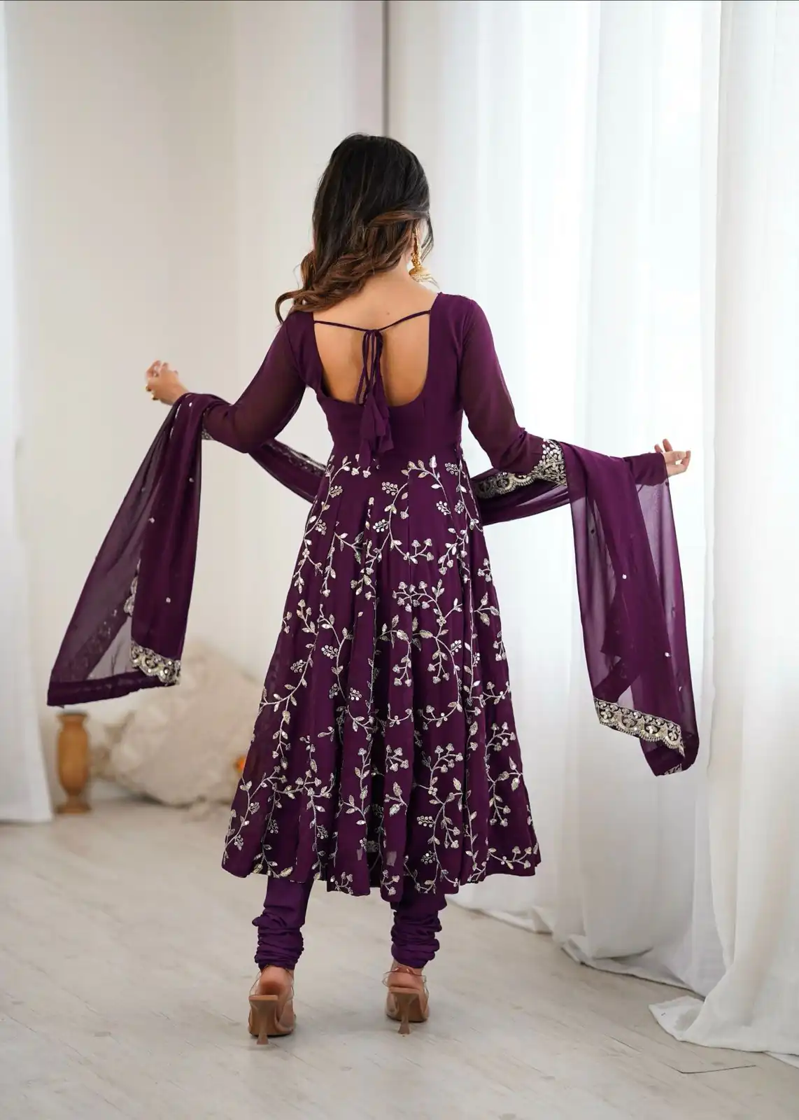 Wine Faux Georgette With Embroidery Gown - Image 9