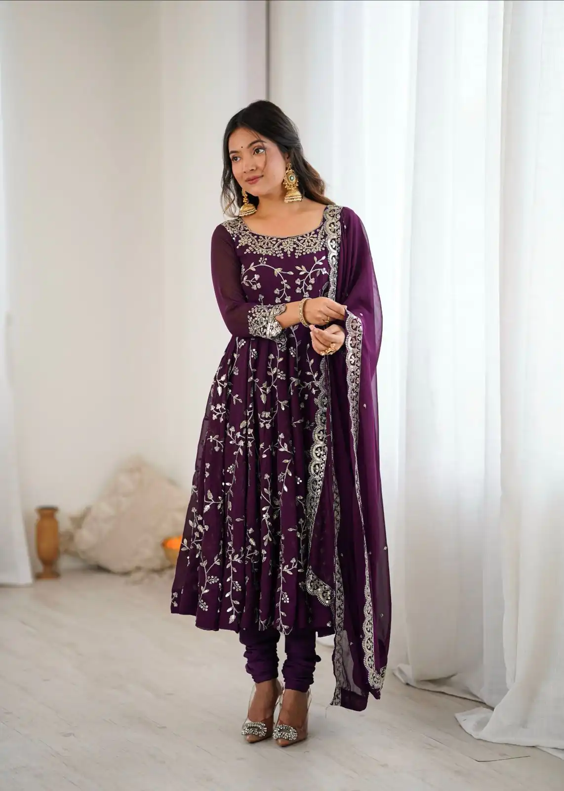 Wine Faux Georgette With Embroidery Gown - Image 8