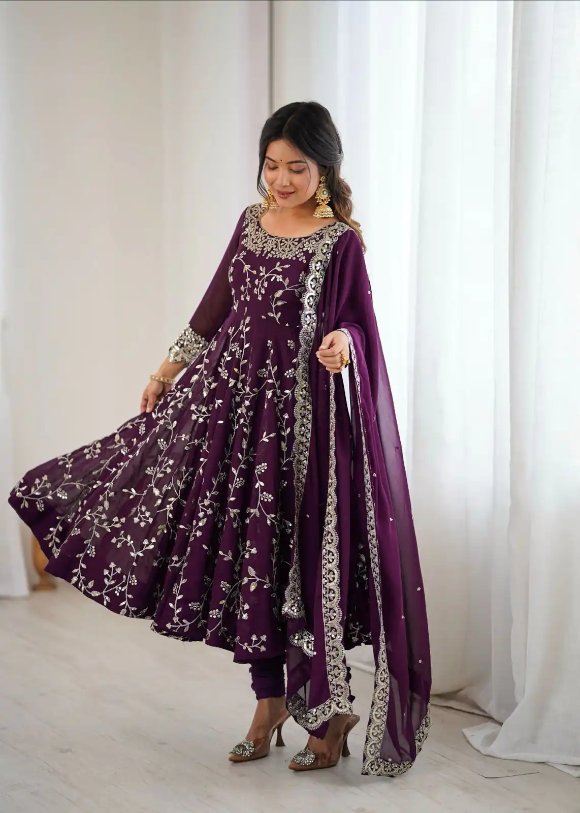 Wine Faux Georgette With Embroidery Gown - Image 7