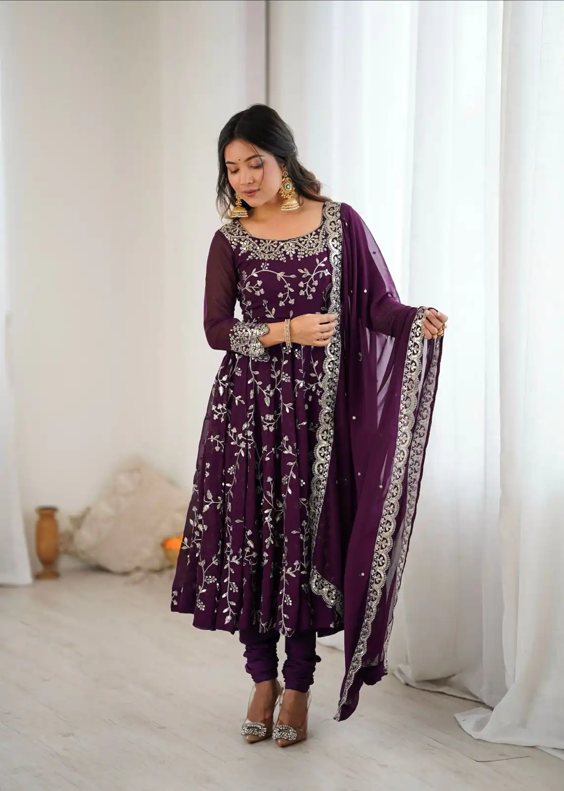 Wine Faux Georgette With Embroidery Gown - Image 6