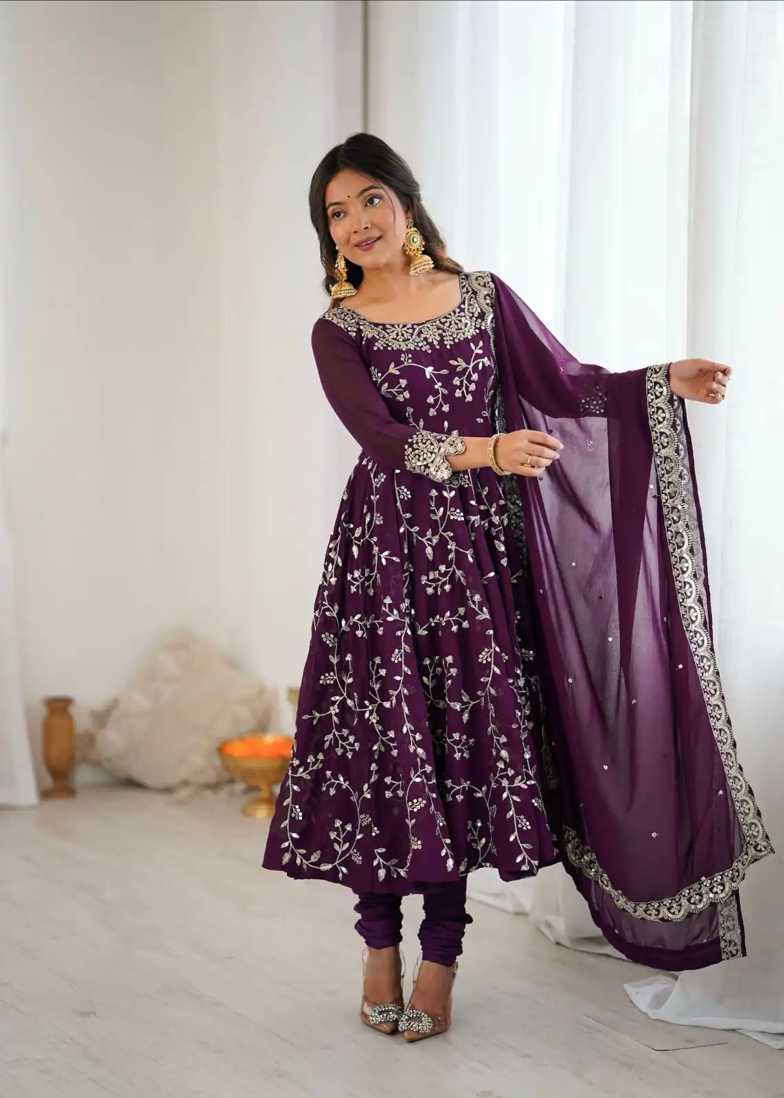 Wine Faux Georgette With Embroidery Gown - Image 5