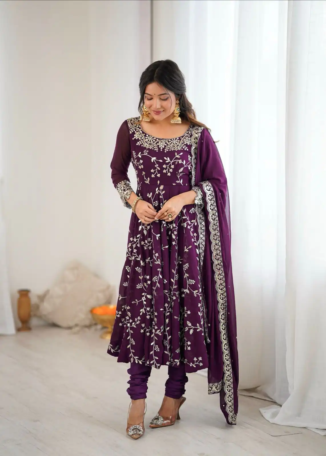 Wine Faux Georgette With Embroidery Gown - Image 4