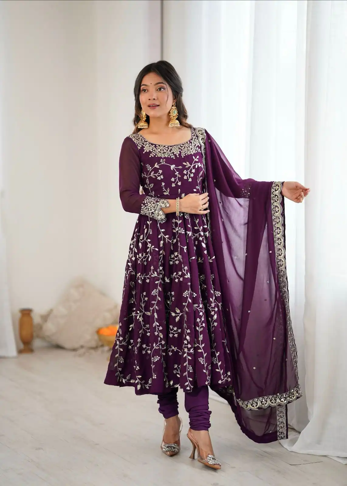 Wine Faux Georgette With Embroidery Gown - Image 3