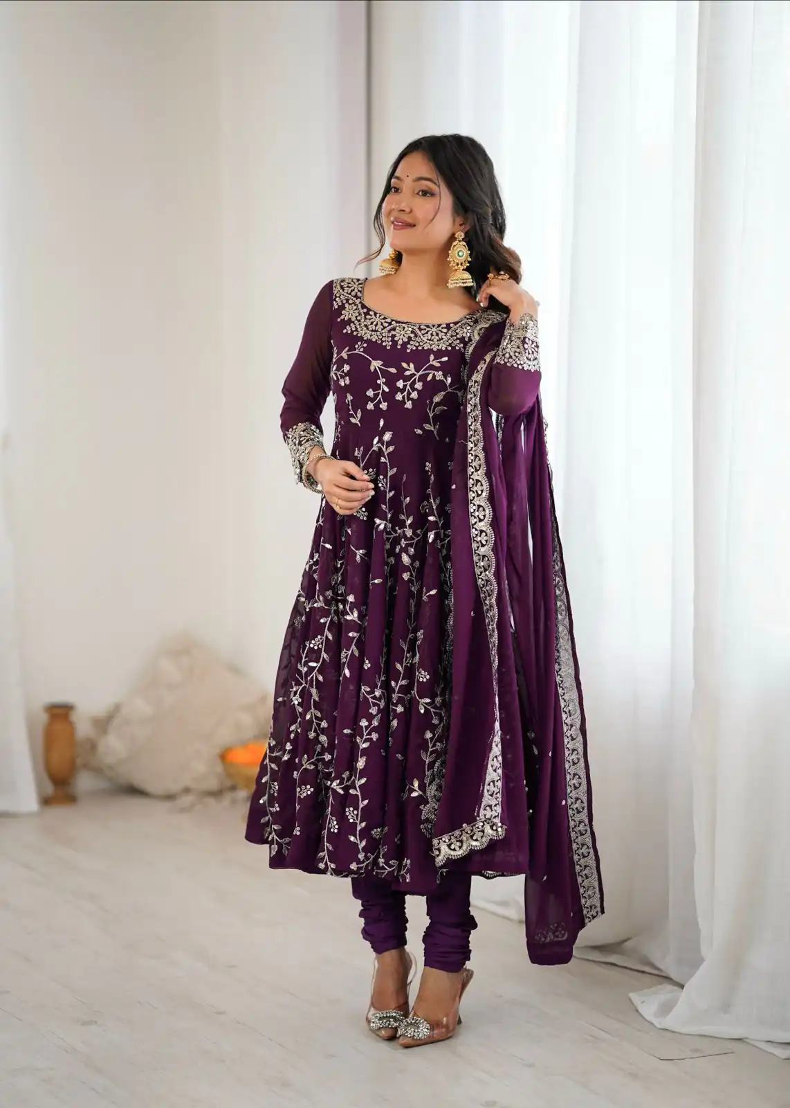 Wine Faux Georgette With Embroidery Gown - Image 2