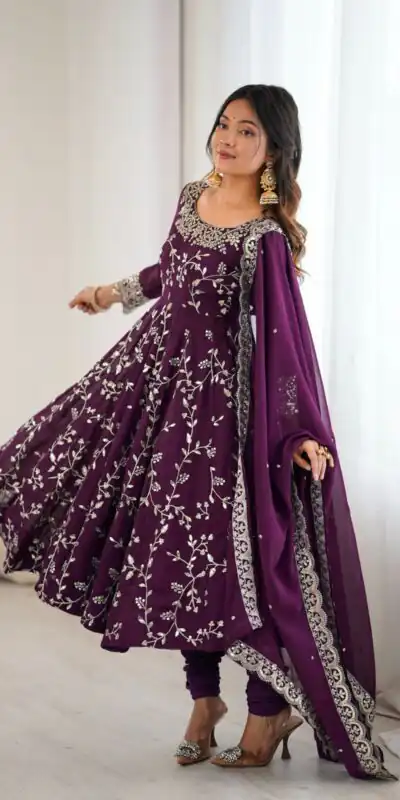 Wine Faux Georgette With Embroidery Gown