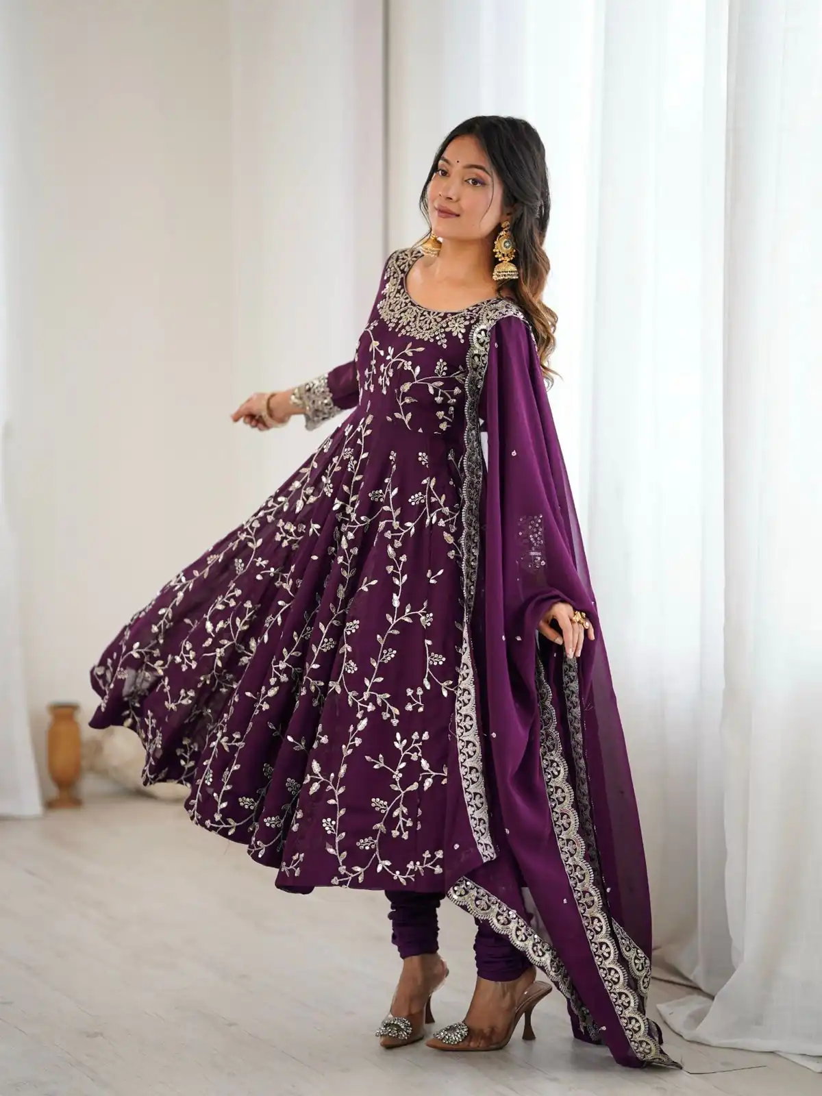 Wine Faux Georgette With Embroidery Gown