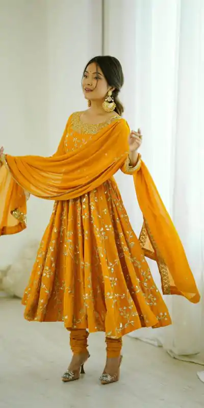 SRK 5299 Yellow Faux Georgette With Sequence Work Perfect for Wedding, Party, Temple Visit, Ganesh Chaturthi Festive, Events, 4-6 Working Days At 2149 | Gowns, Bollywood Gowns, Creative Gowns, Designer Gowns, Embroidered Gowns, Party Wear Gowns
