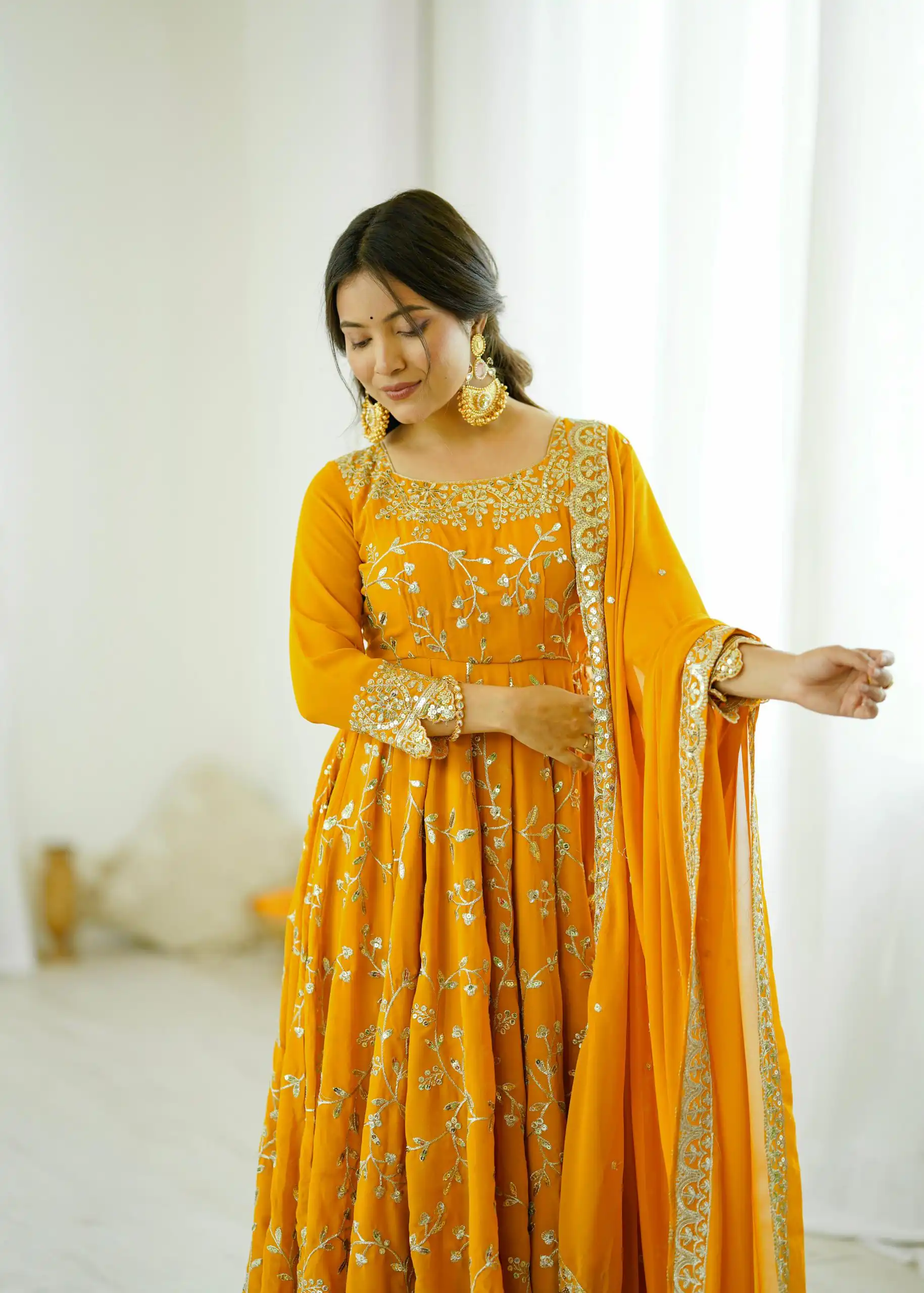 SRK 5299 Yellow Faux Georgette With Sequence Work Perfect for Wedding, Party, Temple Visit, Ganesh Chaturthi Festive, Events, 4-6 Working Days At 2149 | Gowns, Bollywood Gowns, Creative Gowns, Designer Gowns, Embroidered Gowns, Party Wear Gowns
