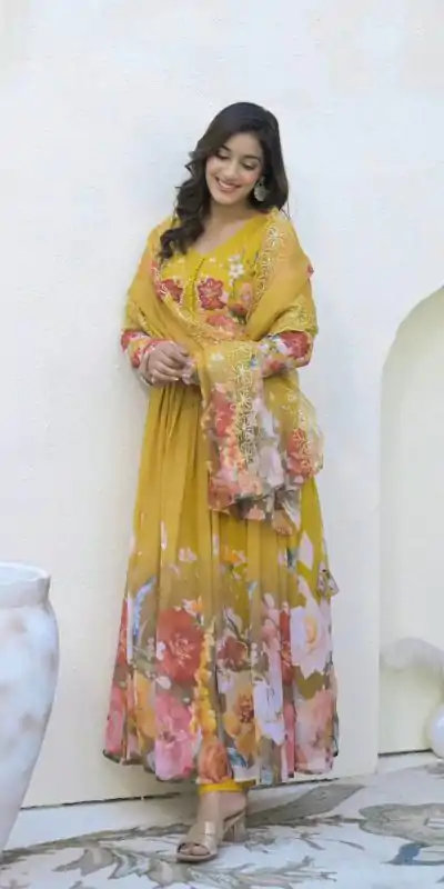 ZSR 3144 Yellow Fix Georgette With Sequence Work Digital Print Fully Flair Gown Perfect for Wedding, Party, Bridal Wear, Family Gatherings, Festival At 2049 | Gowns, Bollywood Gowns, Creative Gowns, Designer Gowns, Embroidered Gowns, Party Wear Gowns
