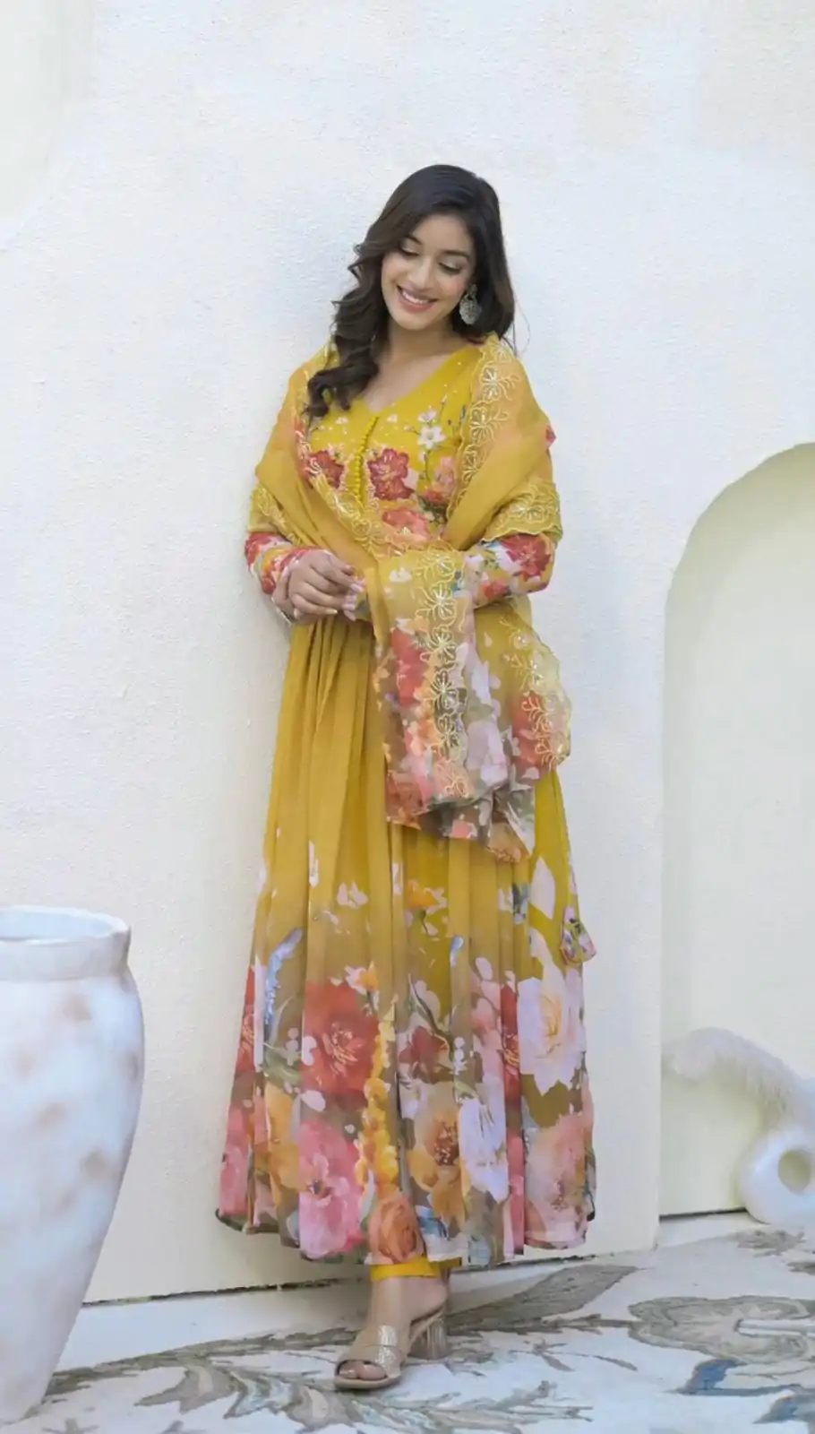 ZSR 3144 Yellow Fix Georgette With Sequence Work Digital Print Fully Flair Gown Perfect for Wedding, Party, Bridal Wear, Family Gatherings, Festival At 2049 | Gowns, Bollywood Gowns, Creative Gowns, Designer Gowns, Embroidered Gowns, Party Wear Gowns