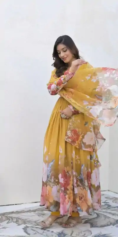 ZSR 3144 Yellow Fix Georgette With Sequence Work Digital Print Fully Flair Gown Perfect for Wedding, Party, Bridal Wear, Family Gatherings, Festival At 2049 | Gowns, Bollywood Gowns, Creative Gowns, Designer Gowns, Embroidered Gowns, Party Wear Gowns