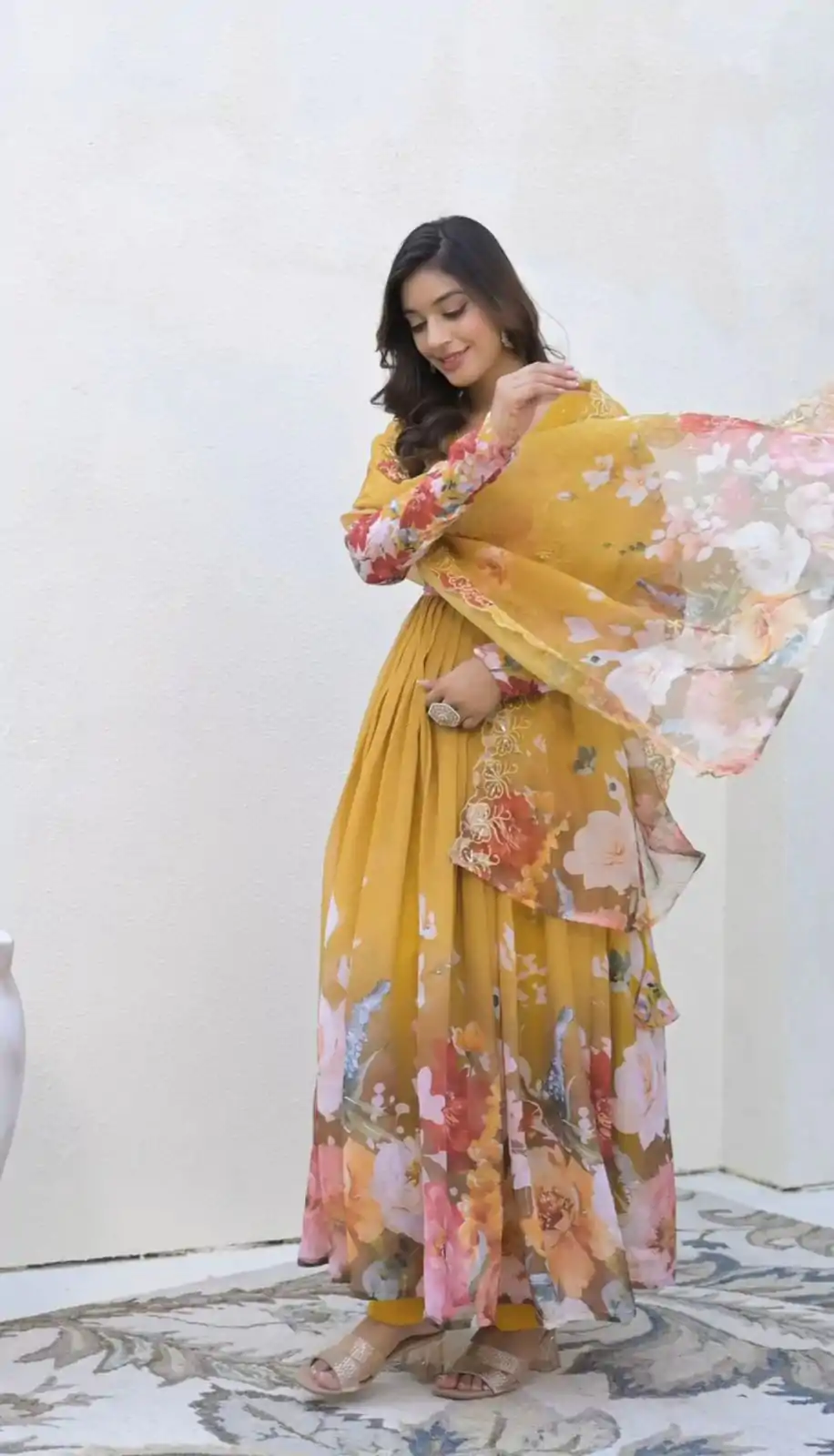 ZSR 3144 Yellow Fix Georgette With Sequence Work Digital Print Fully Flair Gown Perfect for Wedding, Party, Bridal Wear, Family Gatherings, Festival At 2049 | Gowns, Bollywood Gowns, Creative Gowns, Designer Gowns, Embroidered Gowns, Party Wear Gowns