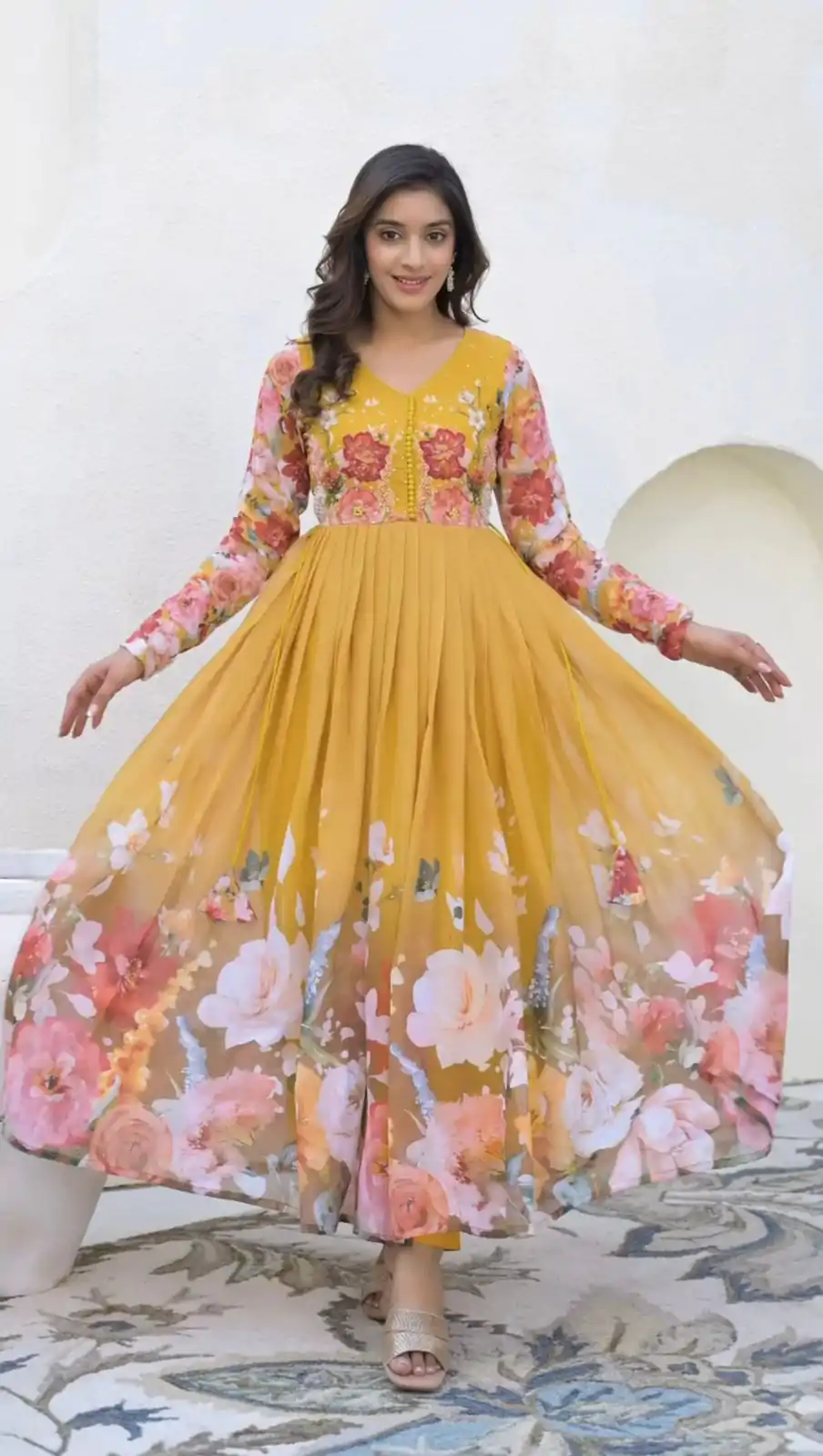 ZSR 3144 Yellow Fix Georgette With Sequence Work Digital Print Fully Flair Gown Perfect for Wedding, Party, Bridal Wear, Family Gatherings, Festival At 2049 | Gowns, Bollywood Gowns, Creative Gowns, Designer Gowns, Embroidered Gowns, Party Wear Gowns
