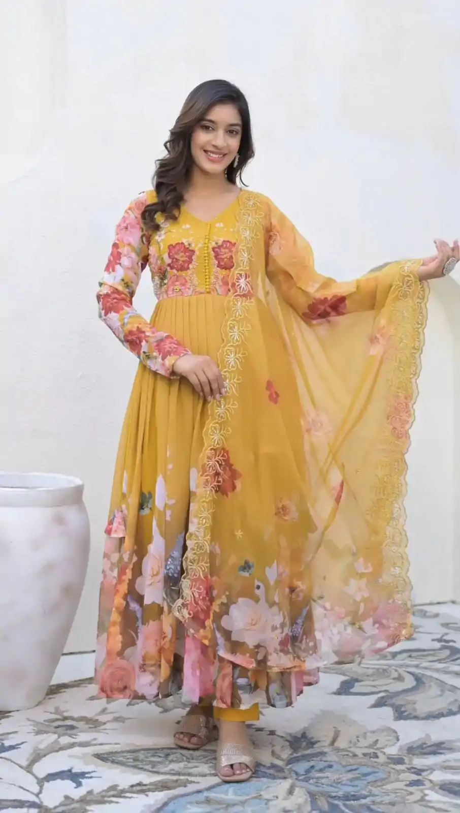 ZSR 3144 Yellow Fix Georgette With Sequence Work Digital Print Fully Flair Gown Perfect for Wedding, Party, Bridal Wear, Family Gatherings, Festival At 2049 | Gowns, Bollywood Gowns, Creative Gowns, Designer Gowns, Embroidered Gowns, Party Wear Gowns