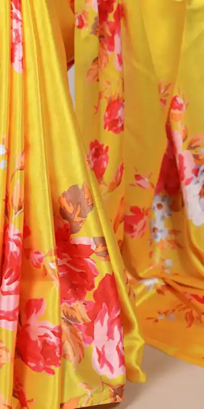 YNF 7004 Yellow Color Satin Silk Floral Printed Designer Work Saree . Grab it for ₹1549. Delivery 4-6 Working Days. Shop now. | Sarees, Bollywood Sarees, Creative Sarees, Designer Sarees, Embroidered Sarees, Ethnic Saree, Modern Digital sarees, Party Wear Sarees