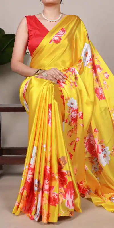 YNF 7004 Yellow Color Satin Silk Floral Printed Designer Work Saree . Grab it for ₹1549. Delivery 4-6 Working Days. Shop now. | Sarees, Bollywood Sarees, Creative Sarees, Designer Sarees, Embroidered Sarees, Ethnic Saree, Modern Digital sarees, Party Wear Sarees