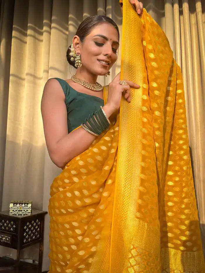 KP 5083 Yellow Soft Lichi Silk Perfect for Wedding, Party, Family Gatherings, Sangeet, Diwali Cloth. Saree. Get it for ₹1399. Delivery 4-6 Working Days. | Sarees, Bollywood Sarees, Creative Sarees, Designer Sarees, Embroidered Sarees, Ethnic Saree, Modern Digital sarees, Party Wear Sarees