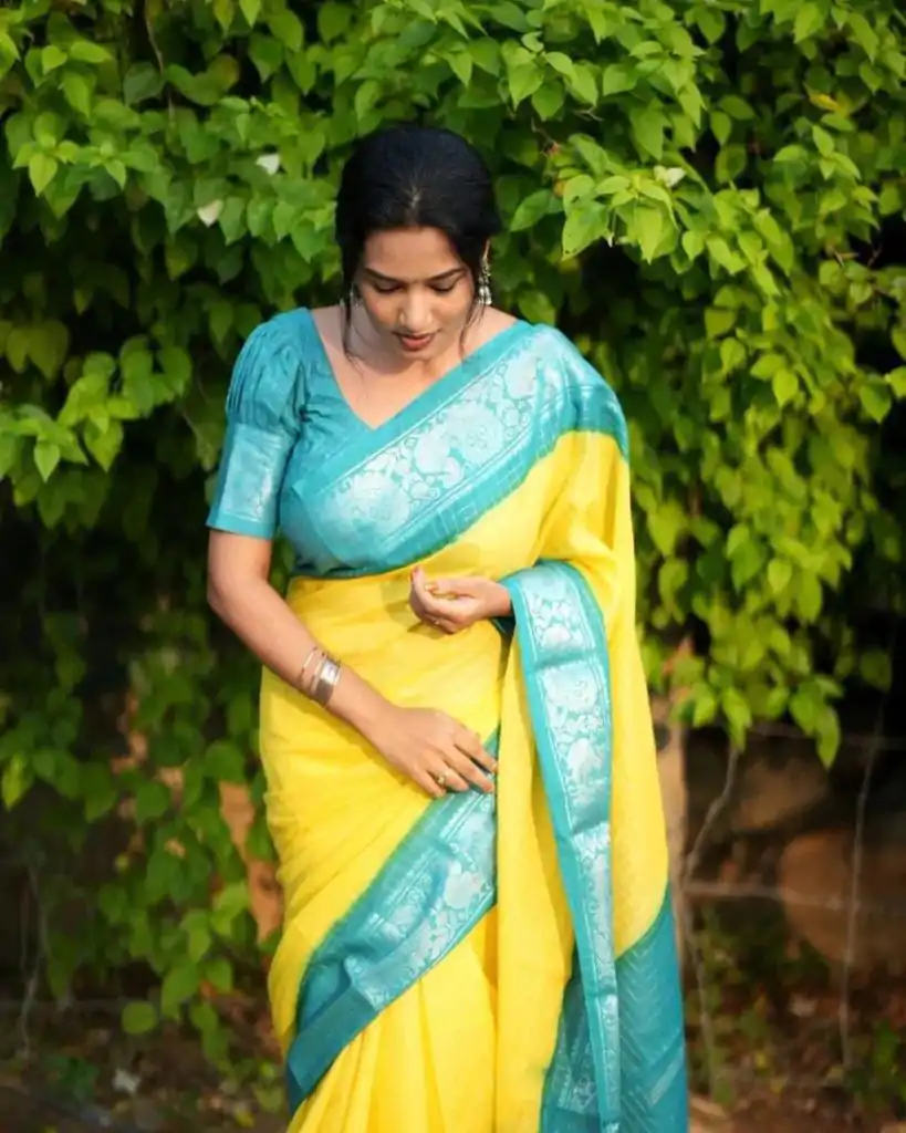 KP 3025 Yellow Soft Lichi Silk Saree Perfect for Wedding, Party, Baby Shower, Onam, Durga Puja . Available at ₹1449 only. Delivery 4-6 Working Days. | Sarees, Bollywood Sarees, Creative Sarees, Designer Sarees, Embroidered Sarees, Ethnic Saree, Modern Digital sarees, Party Wear Sarees