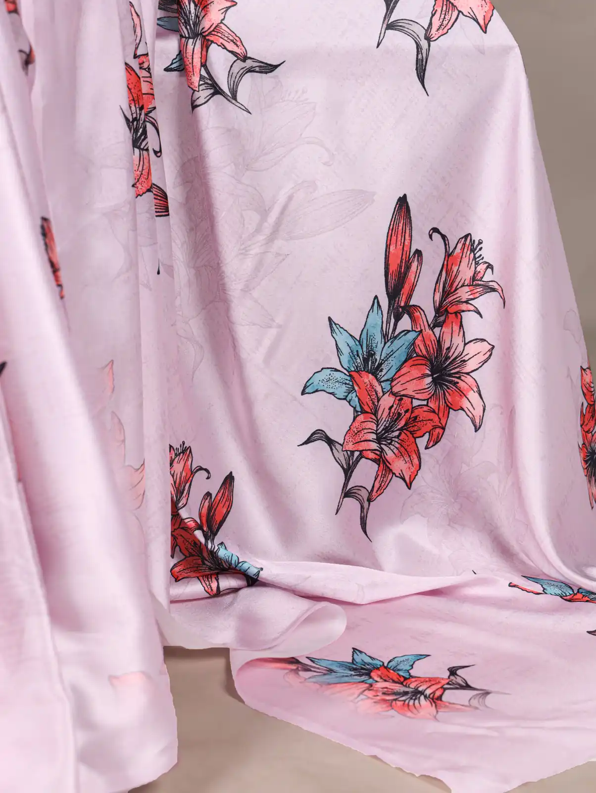 Baby Pink Satin Silk With Floral Printed Saree - Image 3