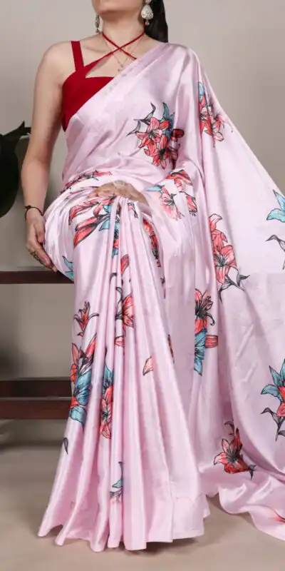 Baby Pink Satin Silk With Floral Printed Saree