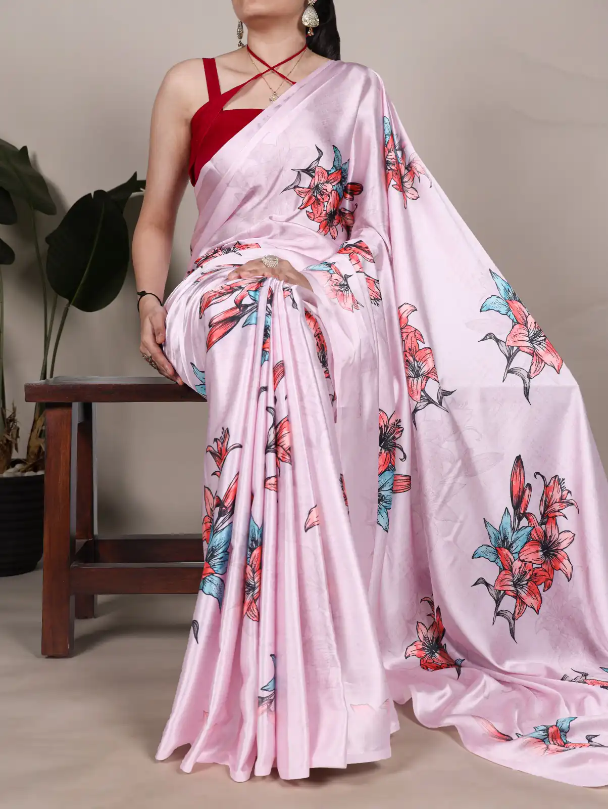 Baby Pink Satin Silk With Floral Printed Saree