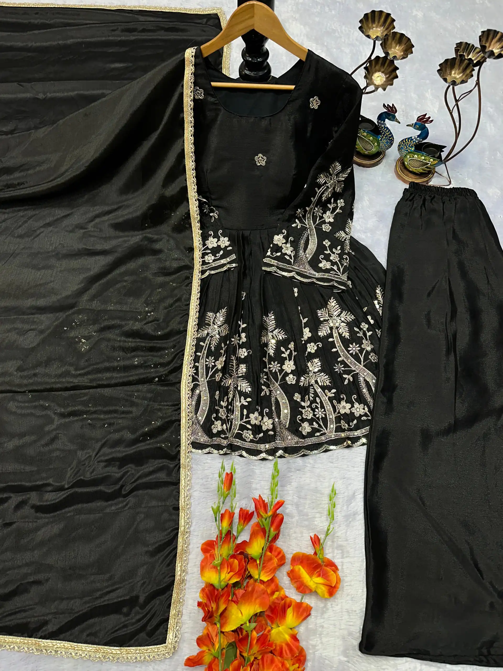 Black Chinon Silk Lace Embroidery Work Salwar Suit - Image 3