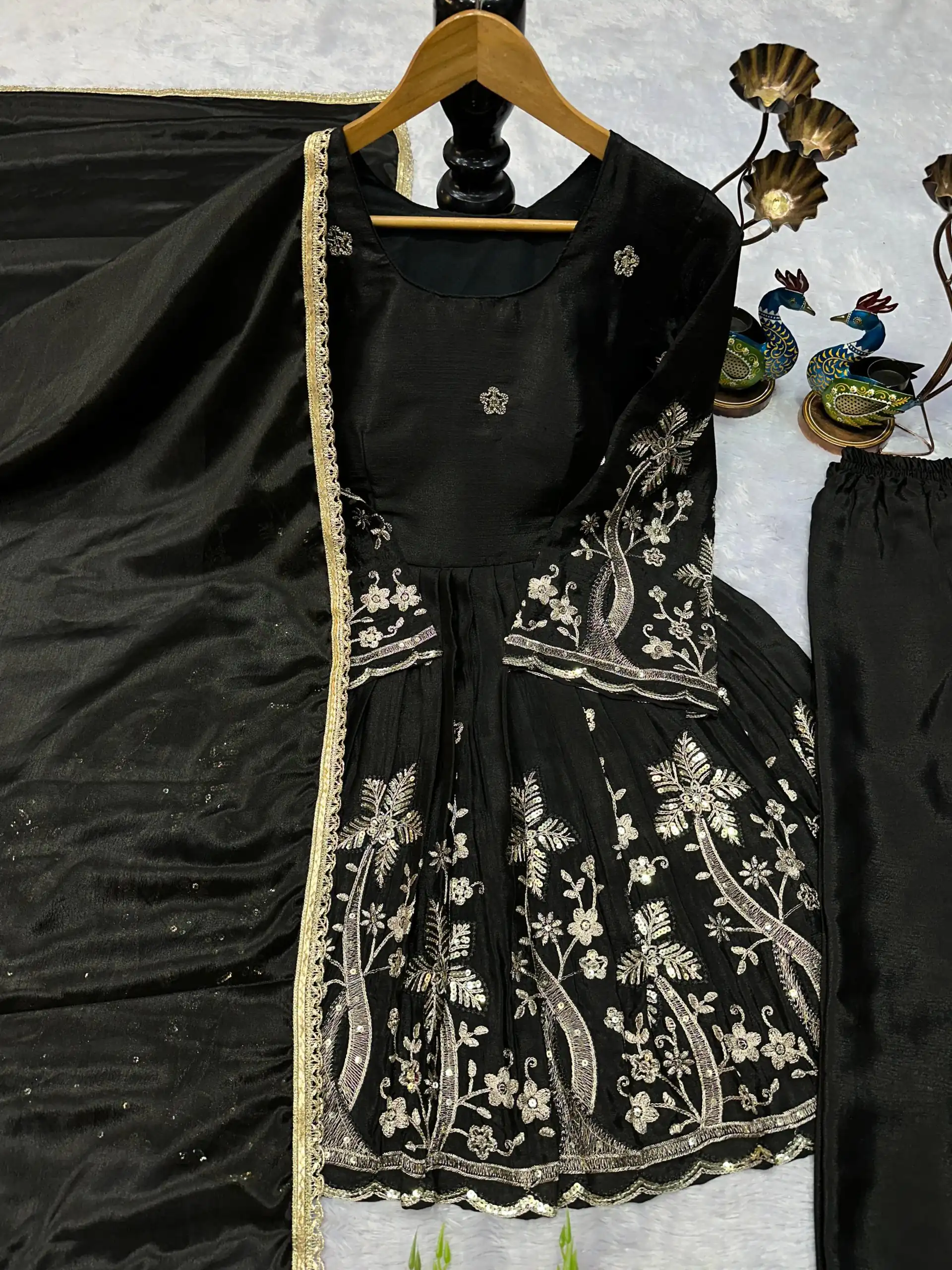 Black Chinon Silk Lace Embroidery Work Salwar Suit - Image 2