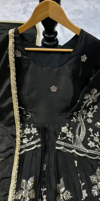 Black Chinon Silk Lace Embroidery Work Salwar Suit