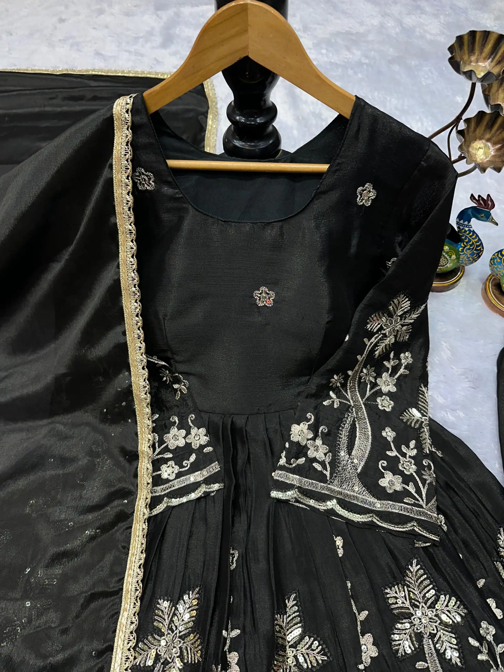 Black Chinon Silk Lace Embroidery Work Salwar Suit