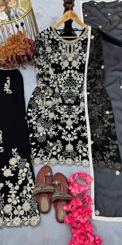 Black Faux Georgette Embroidery Lace Work Salwar Suit