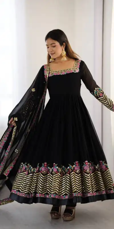 ZF 5010 Black Georgette Gown Perfect for Wedding, Party, Pooja, Ethnic Day, Karwa Chauth – . Best Price ₹2049. Delivery 4-6 Working Days. Shop now. | Jump Suits, Salwar suit, Casual Suits, Creative suits, Designer Suits, Palazzo Suits, Party Wear Suits, Patiala Suits, Straight Suits