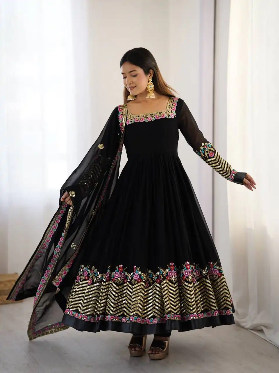 ZF 5010 Black Georgette Gown Perfect for Wedding, Party, Pooja, Ethnic Day, Karwa Chauth – . Best Price ₹2049. Delivery 4-6 Working Days. Shop now. | Jump Suits, Salwar suit, Casual Suits, Creative suits, Designer Suits, Palazzo Suits, Party Wear Suits, Patiala Suits, Straight Suits