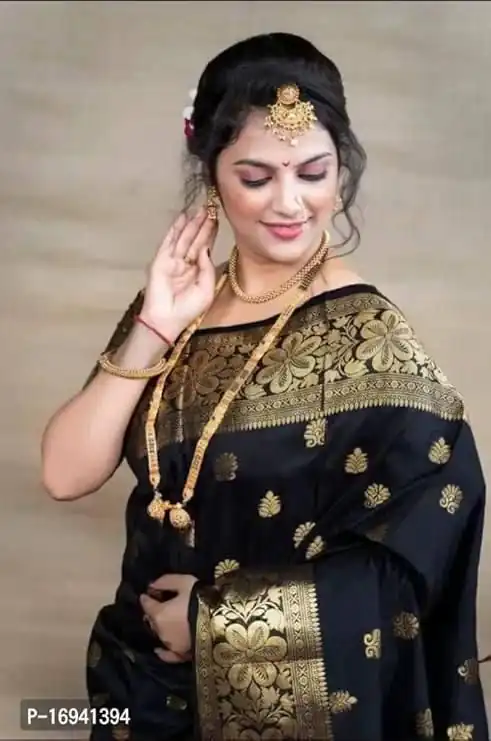 Black Lichi Silk Border Work Saree - Image 3