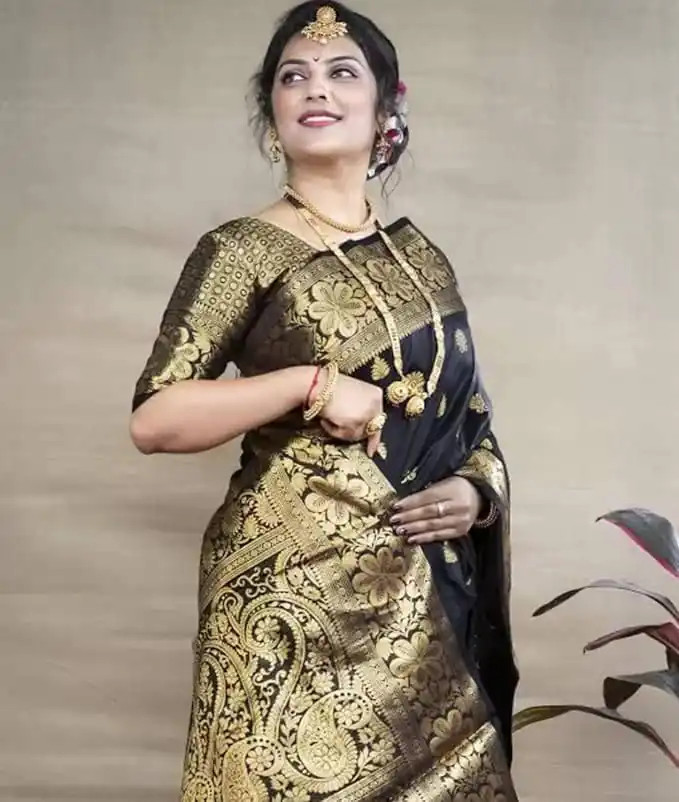 Black Lichi Silk Border Work Saree - Image 2
