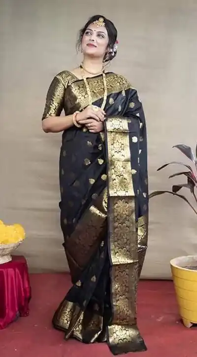 Black Lichi Silk Border Work Saree