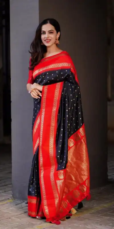 Black Lichi Silk Lace Work Saree