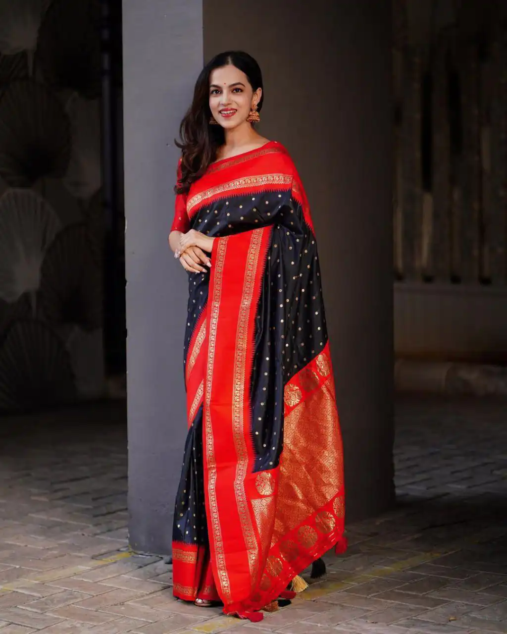 Black Lichi Silk Lace Work Saree