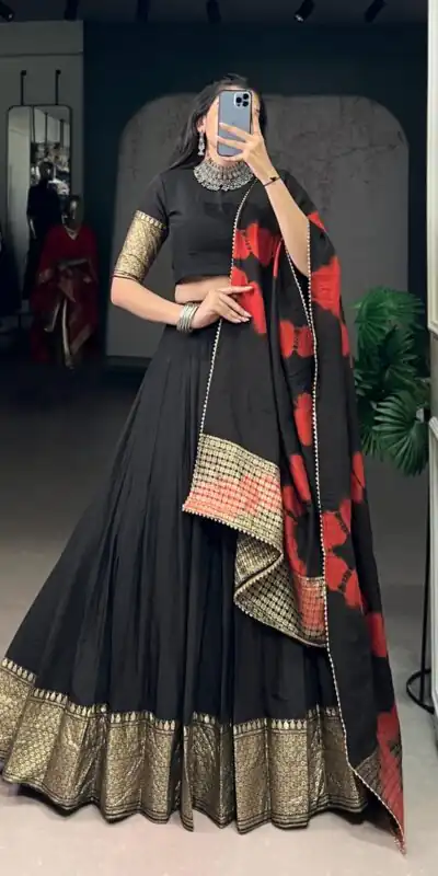 Black Pure Chanderi Zari Lace Work Lehenga Choli