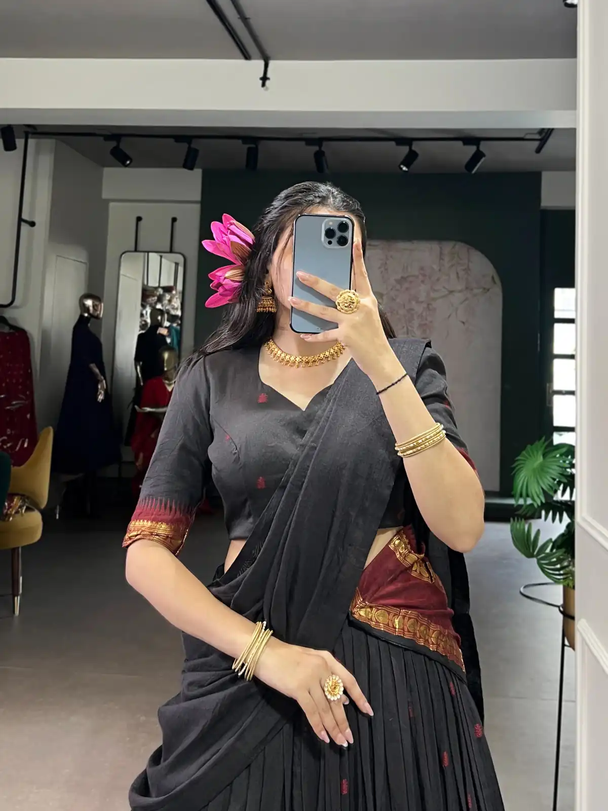 Black Pure Chanderi Zari Work Lehenga Choli - Image 4