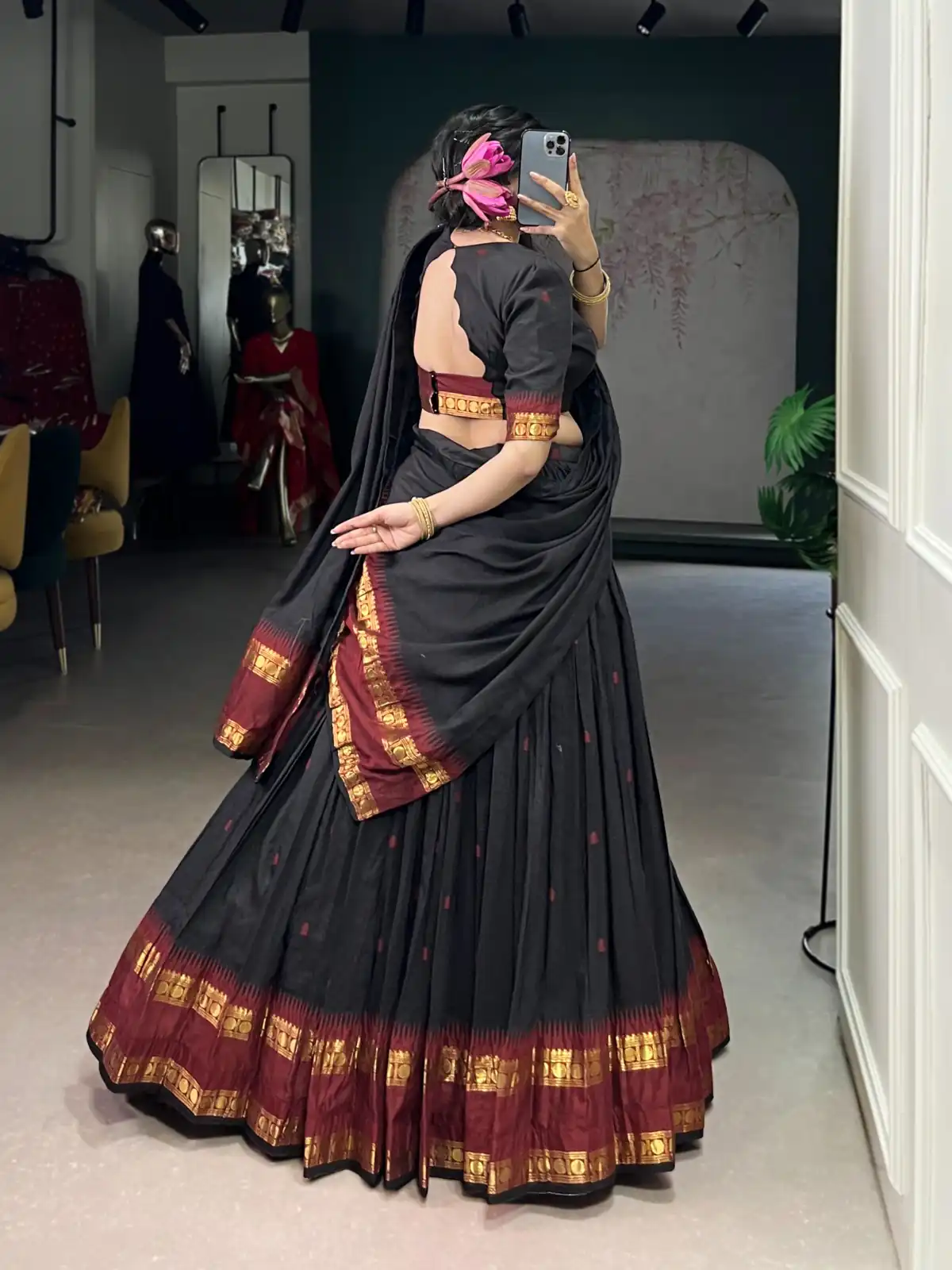 Black Pure Chanderi Zari Work Lehenga Choli - Image 3