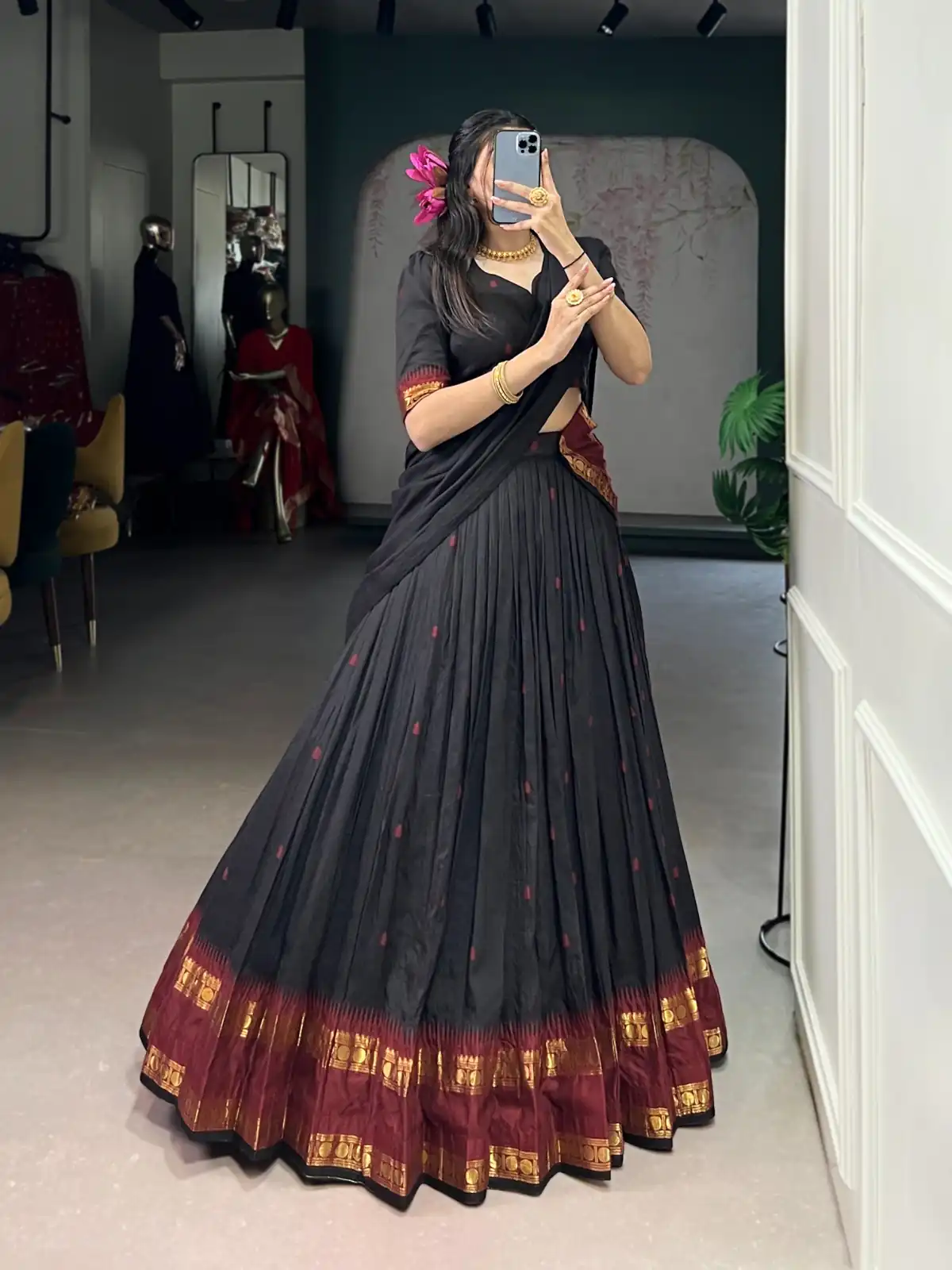 Black Pure Chanderi Zari Work Lehenga Choli - Image 2