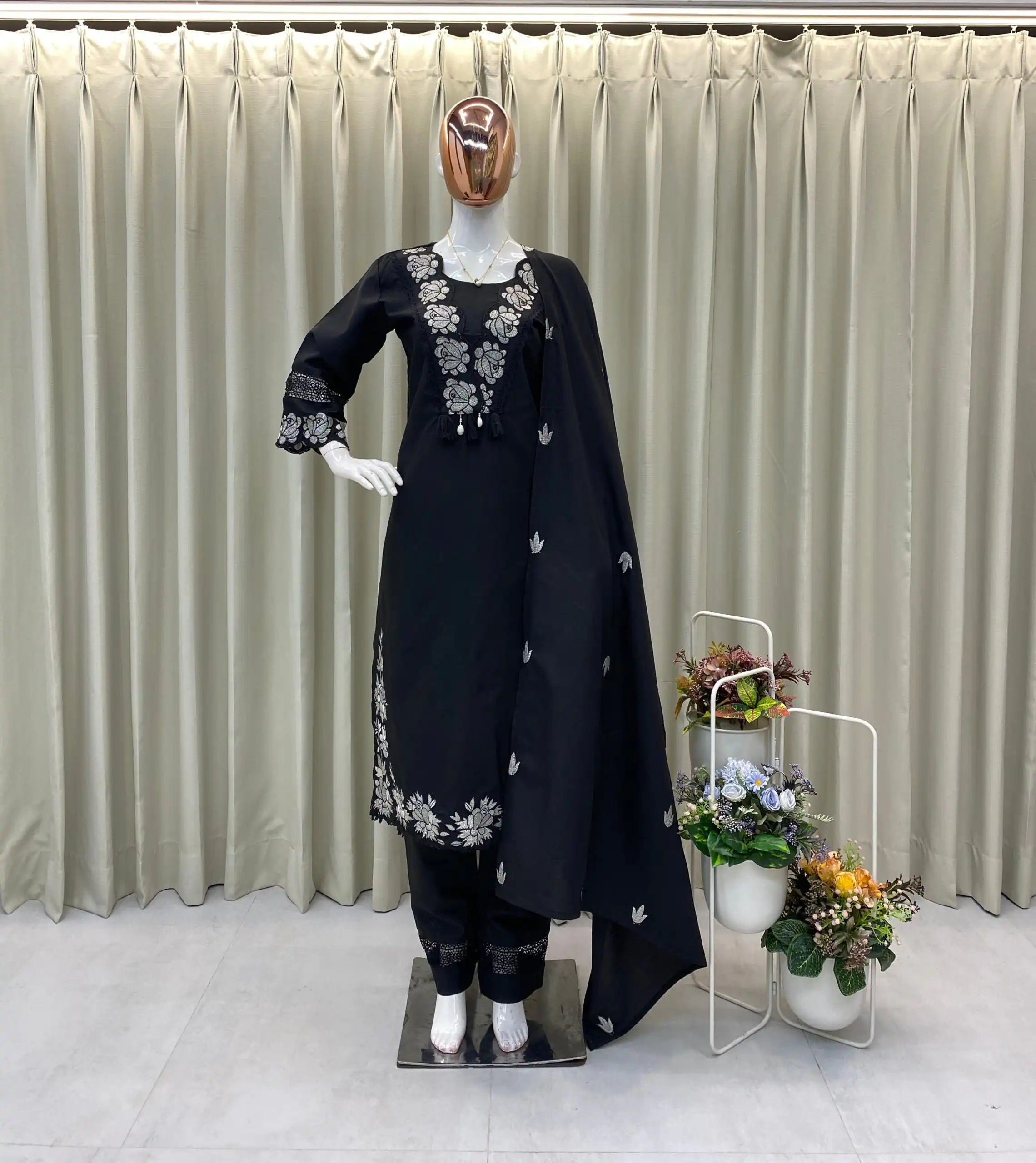 BE 385 Black Color Rayon Slub Cotton Embroidery Work Salwar Suit Casual, Wedding, Festive, Events . Expected Delivery  4-6 Working Days @1899/- only      | Jump Suits, Salwar suit, Casual Suits, Creative suits, Designer Suits, Palazzo Suits, Party Wear Suits, Patiala Suits, Straight Suits