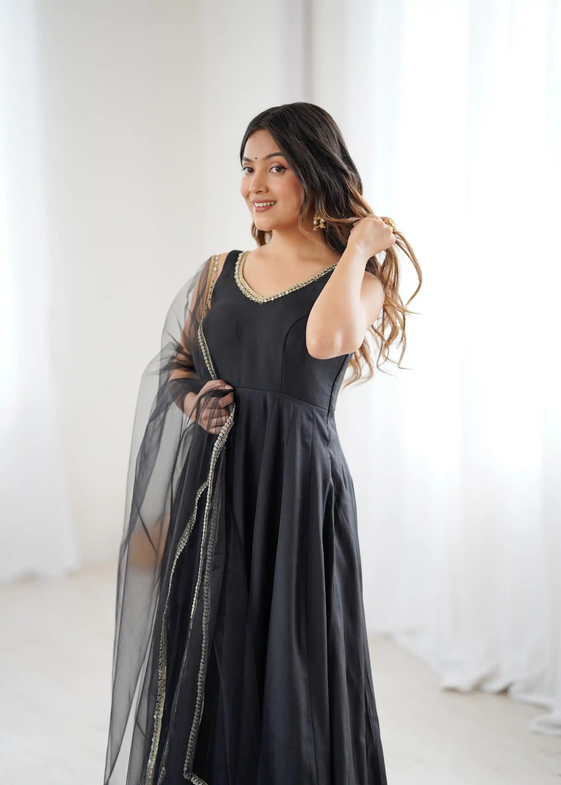 Black Roman Silk Chanderi Mirror Work Gown - Image 8