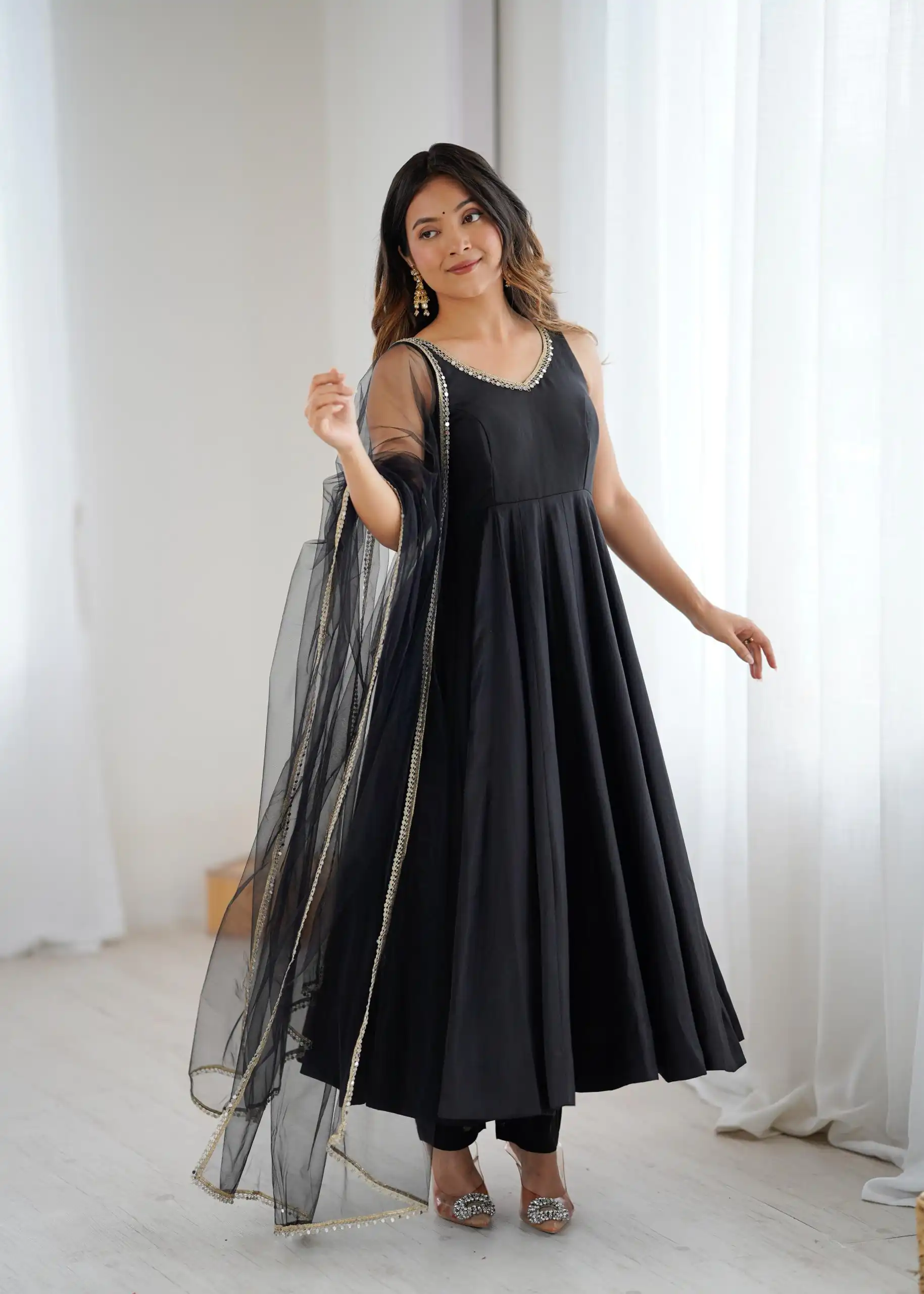 KB 285 Black in Roman Silk Chanderi Mirror Work & Lace Work Gown . Best Price ₹1929. Delivery 4-6 Working Days. Shop now. | Jump Suits, Salwar suit, Casual Suits, Creative suits, Designer Suits, Palazzo Suits, Party Wear Suits, Patiala Suits, Straight Suits