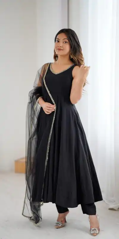 KB 285 Black in Roman Silk Chanderi Mirror Work & Lace Work Gown . Best Price ₹1929. Delivery 4-6 Working Days. Shop now. | Jump Suits, Salwar suit, Casual Suits, Creative suits, Designer Suits, Palazzo Suits, Party Wear Suits, Patiala Suits, Straight Suits