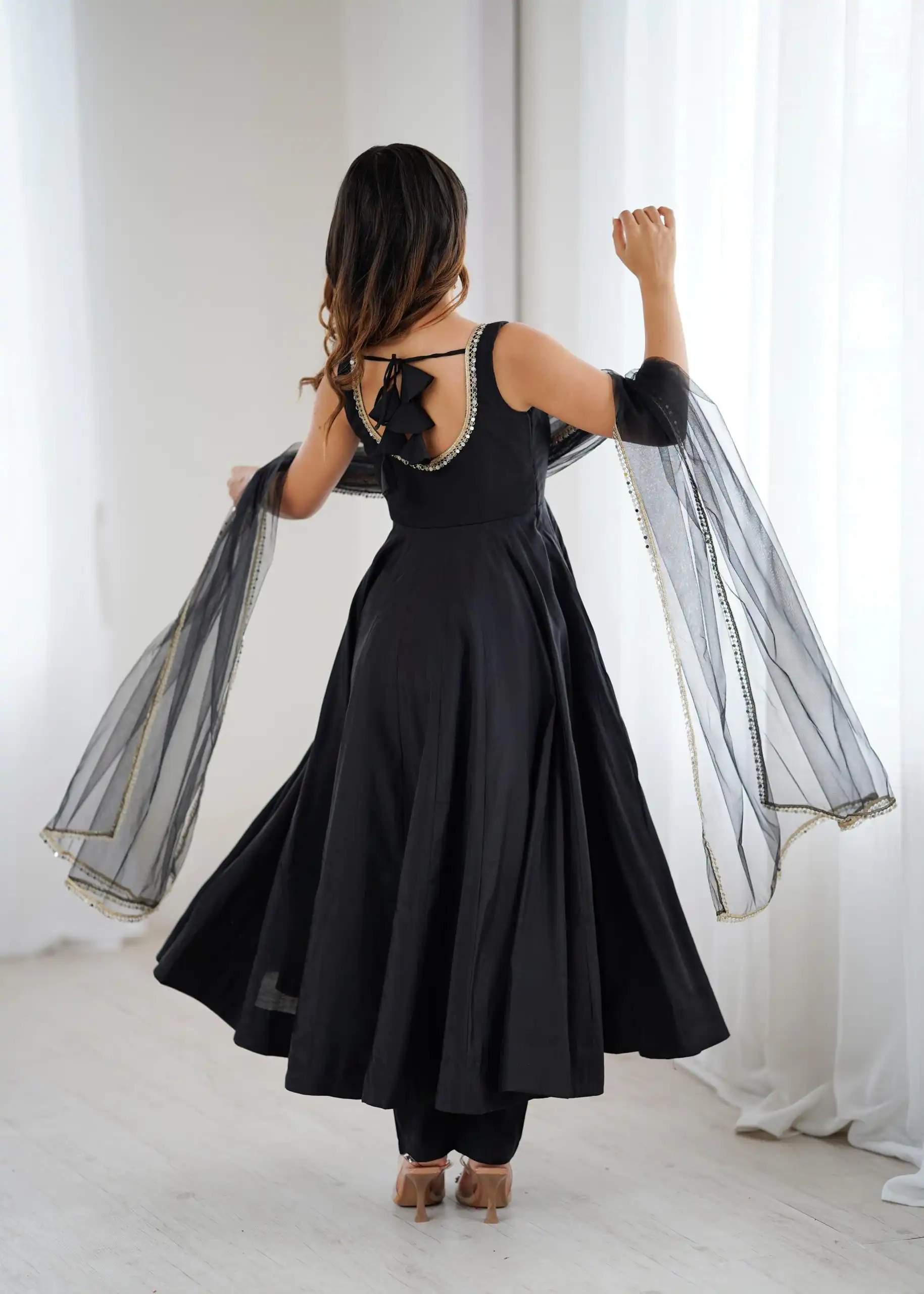 Black Roman Silk Chanderi Mirror Work Gown - Image 6