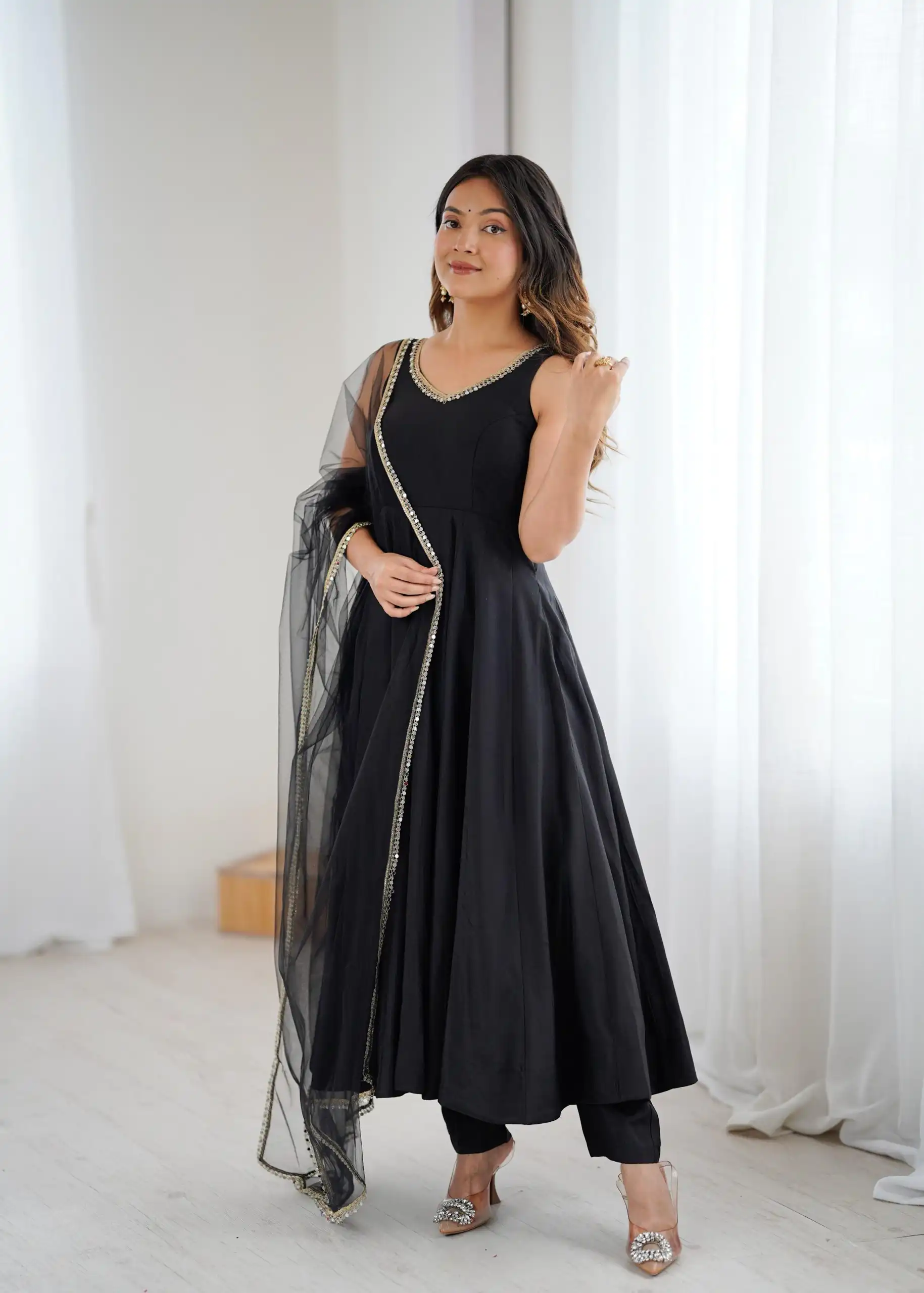 Black Roman Silk Chanderi Mirror Work Gown - Image 5