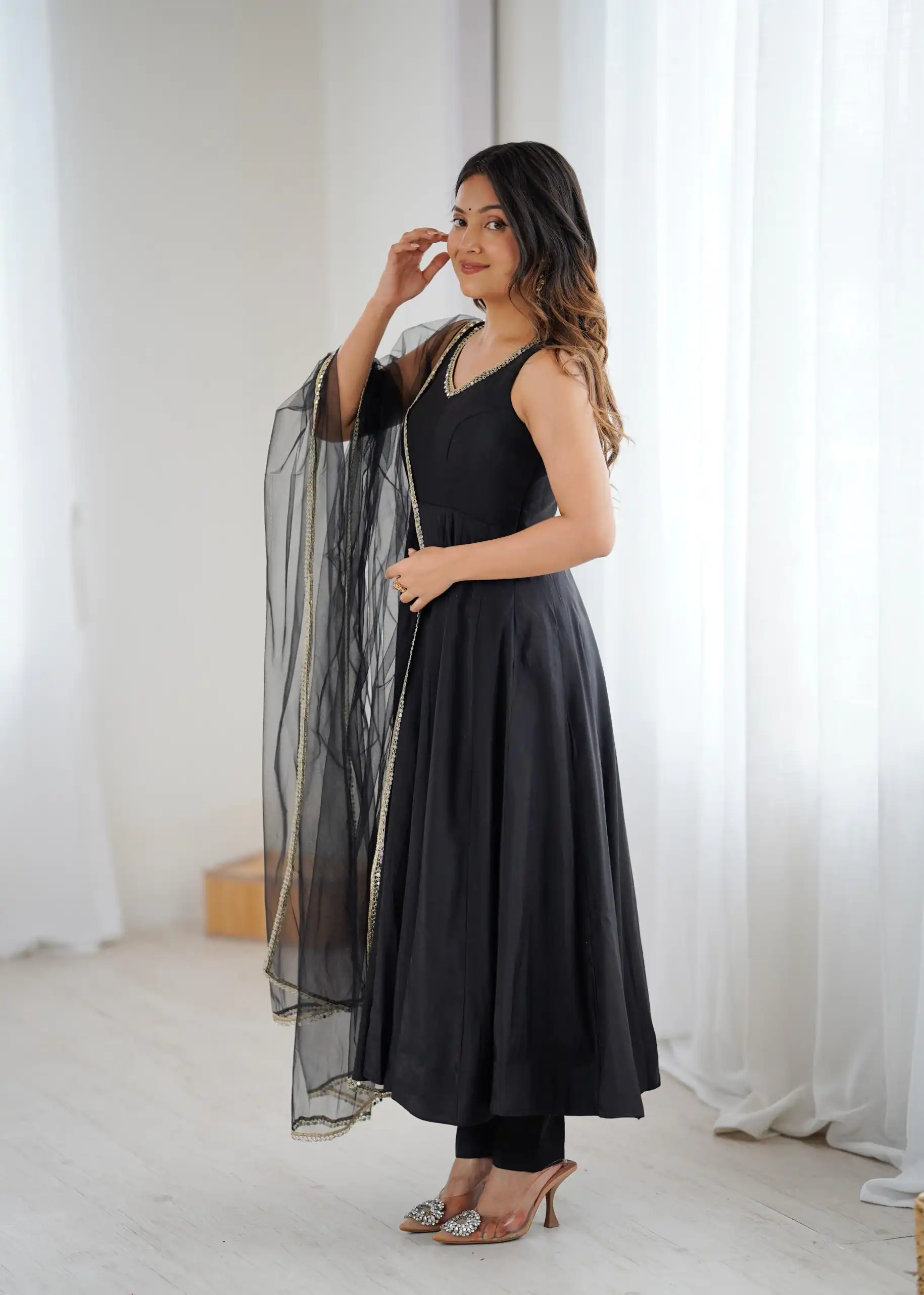Black Roman Silk Chanderi Mirror Work Gown - Image 4