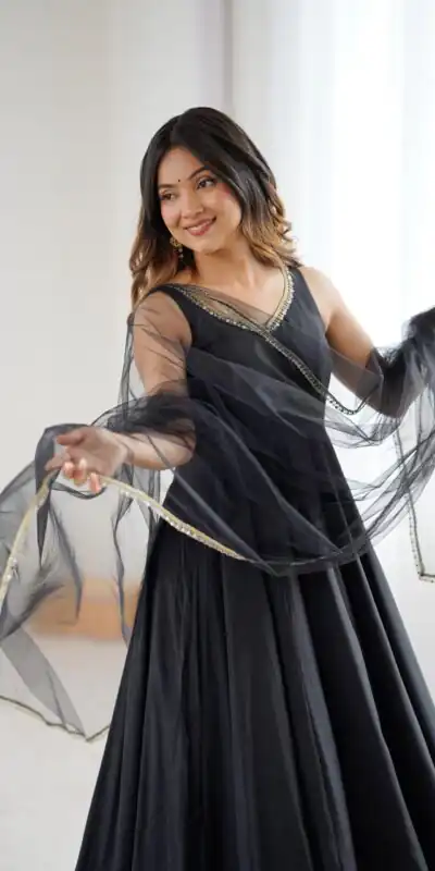 KB 285 Black in Roman Silk Chanderi Mirror Work & Lace Work Gown . Best Price ₹1929. Delivery 4-6 Working Days. Shop now. | Jump Suits, Salwar suit, Casual Suits, Creative suits, Designer Suits, Palazzo Suits, Party Wear Suits, Patiala Suits, Straight Suits